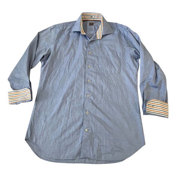 Peter Millar Mens Medium Blue Oxford Shirt With Striped Flip Cuffs - Picture 1 of 3
